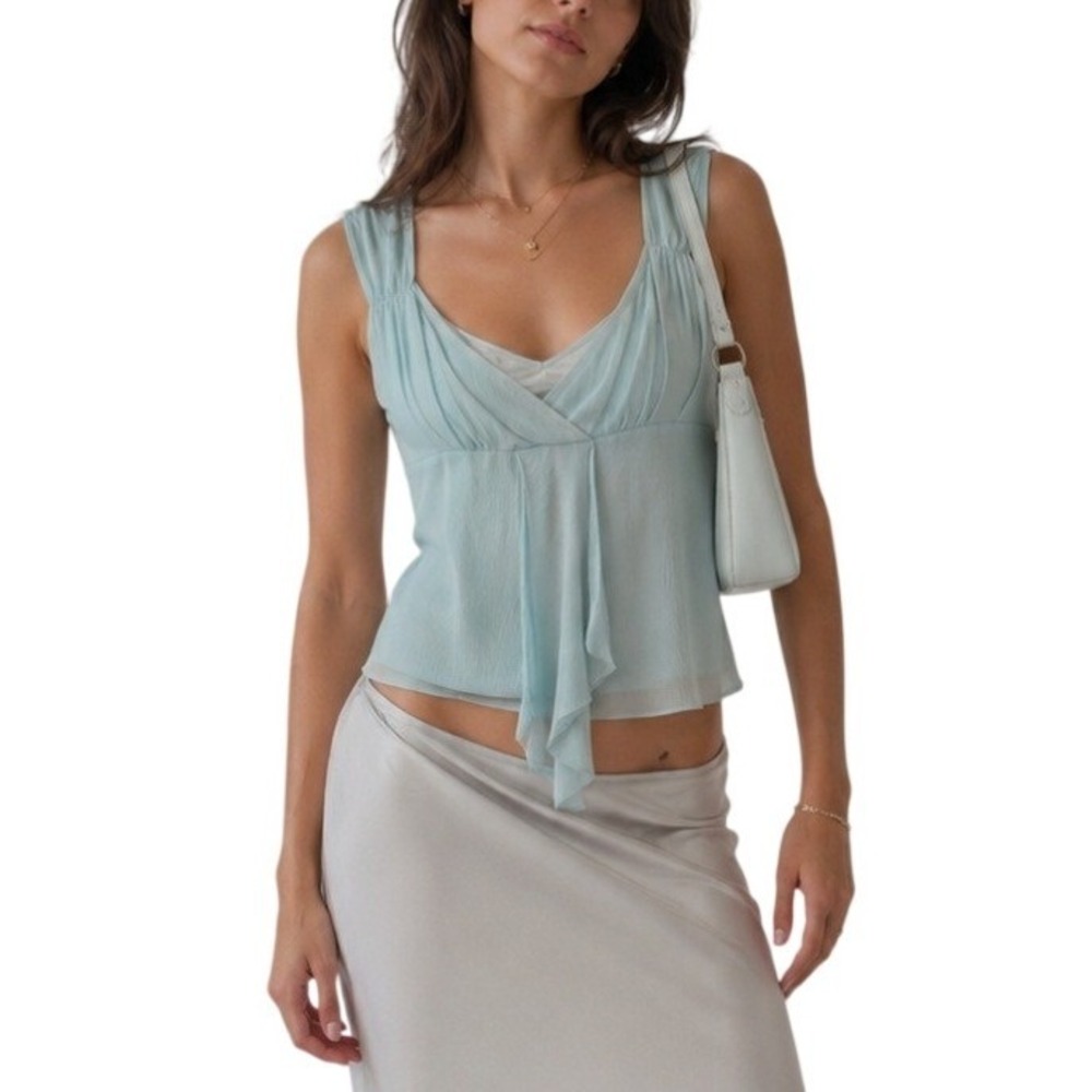 Vintage i.e Y2K Whimsy Coquette Satin Trim Icy Blue Sheer 100% Silk Tank Top